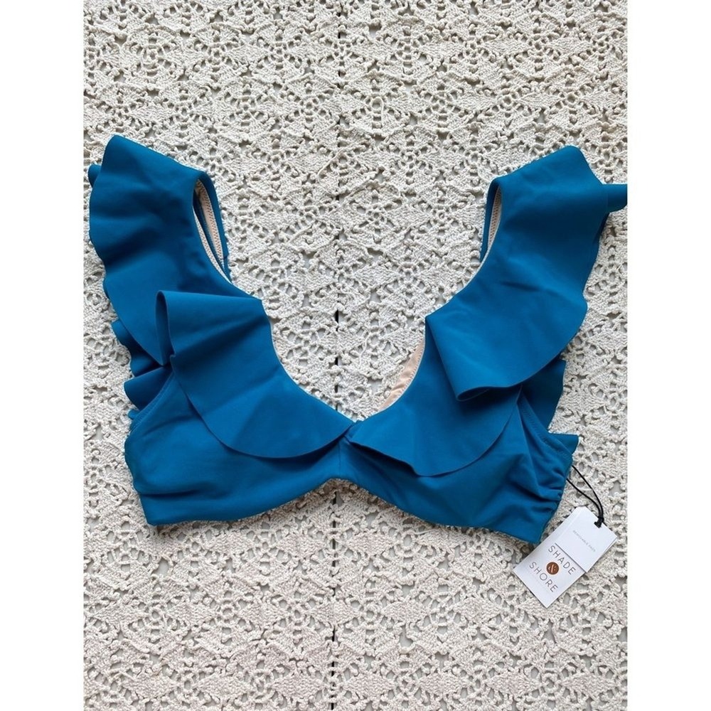 New Shade‎ & Shore Womens Bikini Top 36C Teal Ruffle Bralette Beach Resortwear